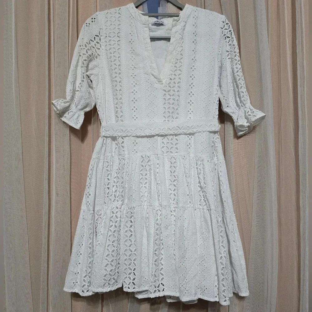 Paolita White Cotton Eyelet Fit & Flare Mini Dress, 3/4 Ruffle Sleeves, EUC!